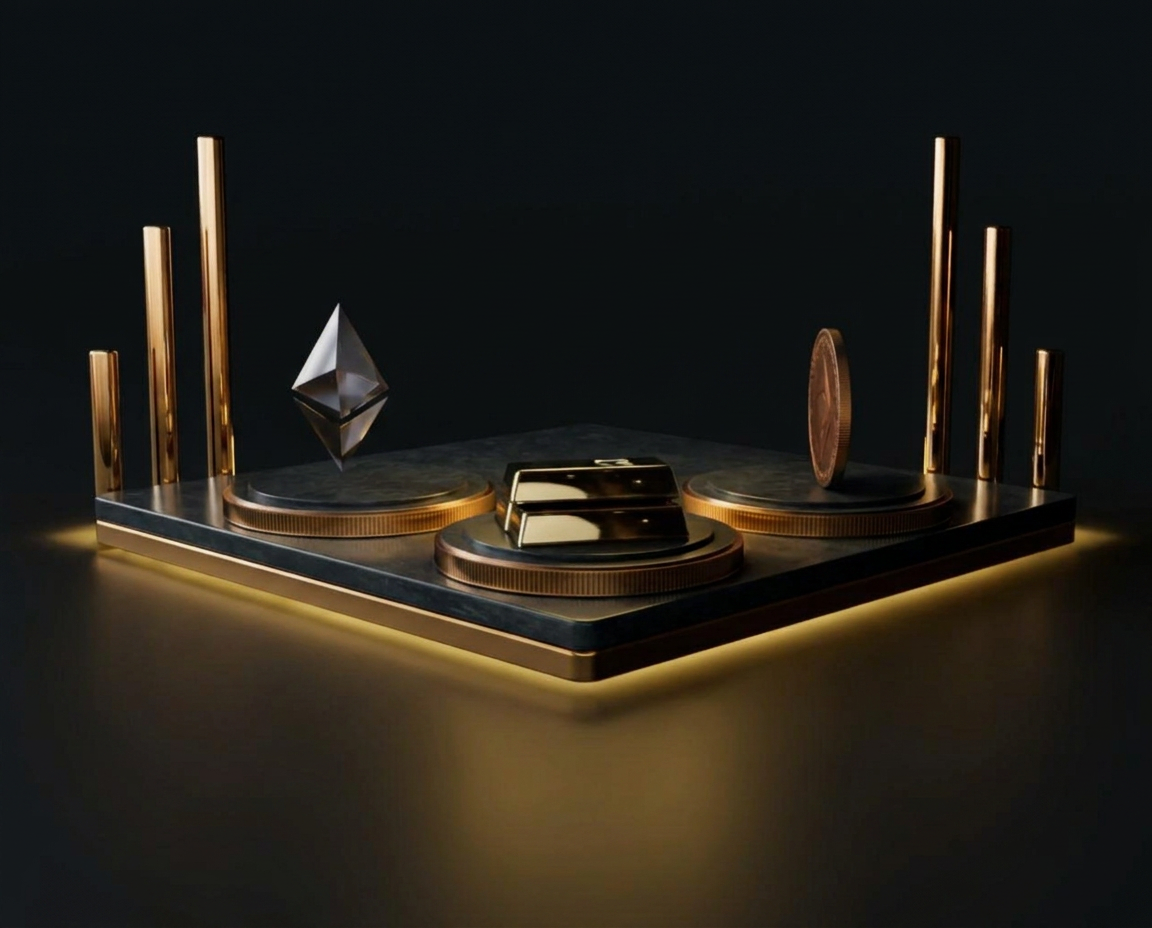 Gold pedestal displaying Bitcoin, Ethereum and gold bullion assets